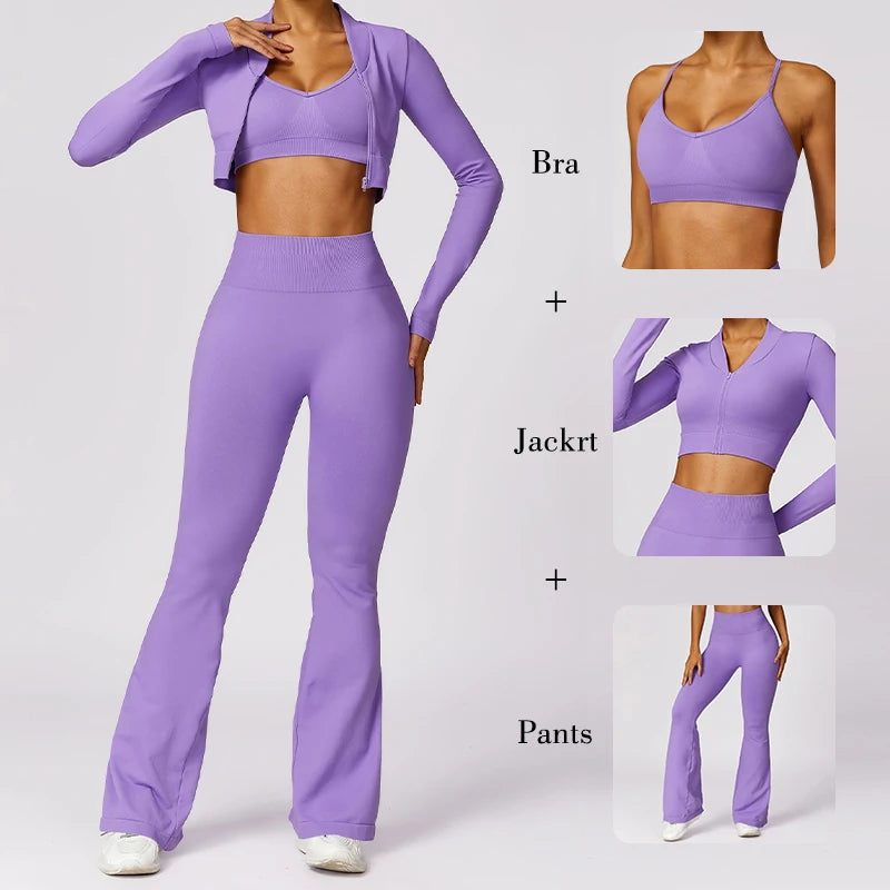 3PCS Sports Set Women Flared Pants
