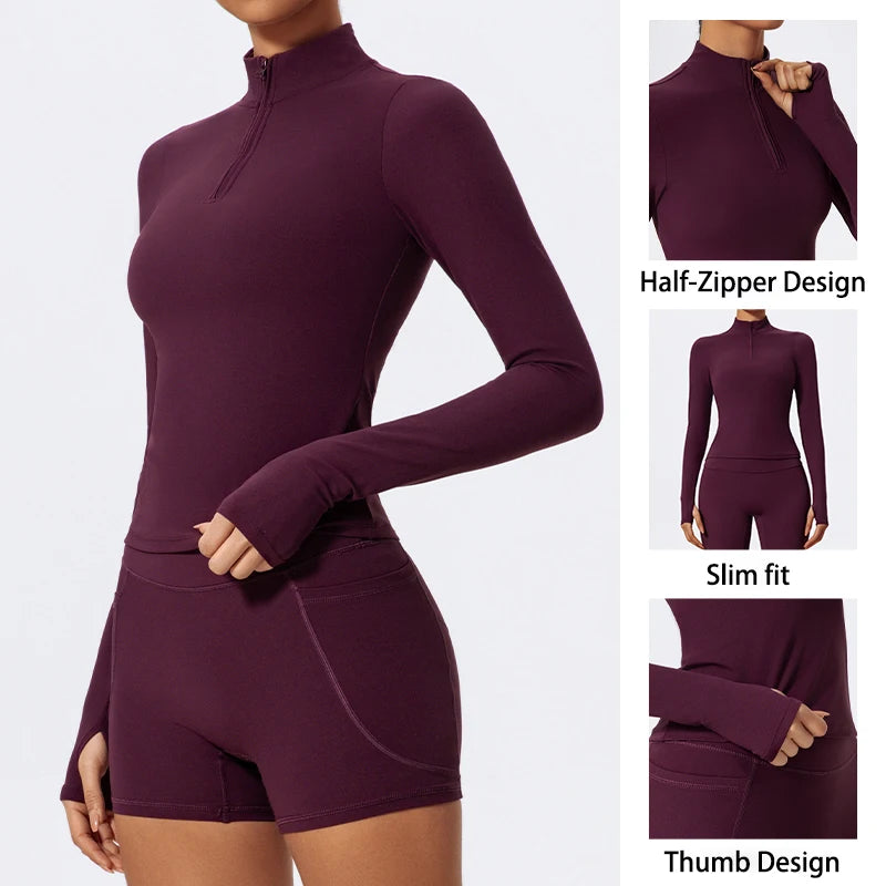 Carethier High Collar Sports Shirt – Quick-Dry Long Sleeve Yoga Top