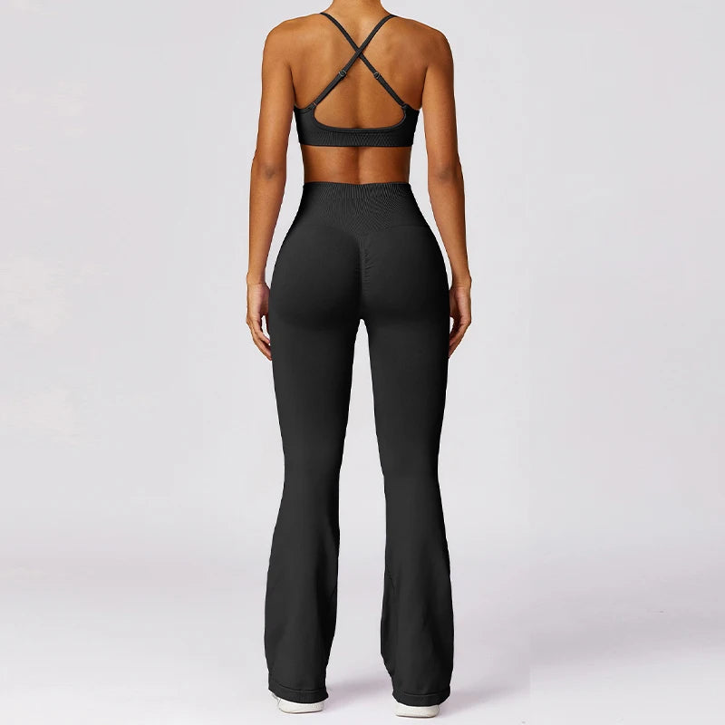 3PCS Sports Set Women Flared Pants