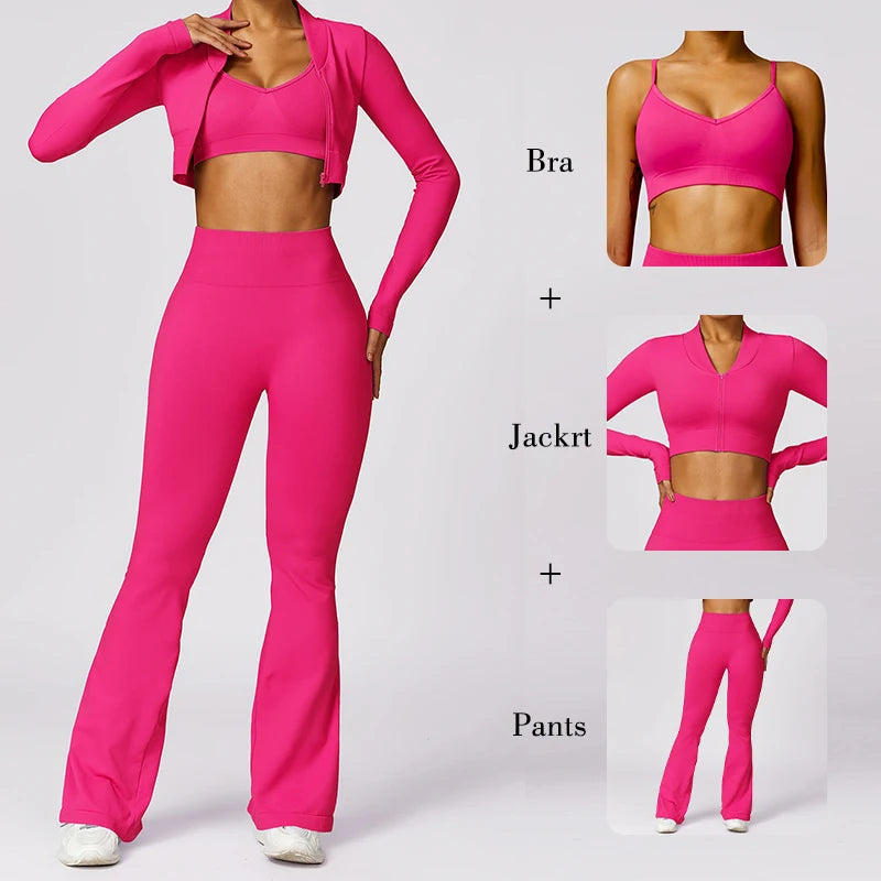 3PCS Sports Set Women Flared Pants