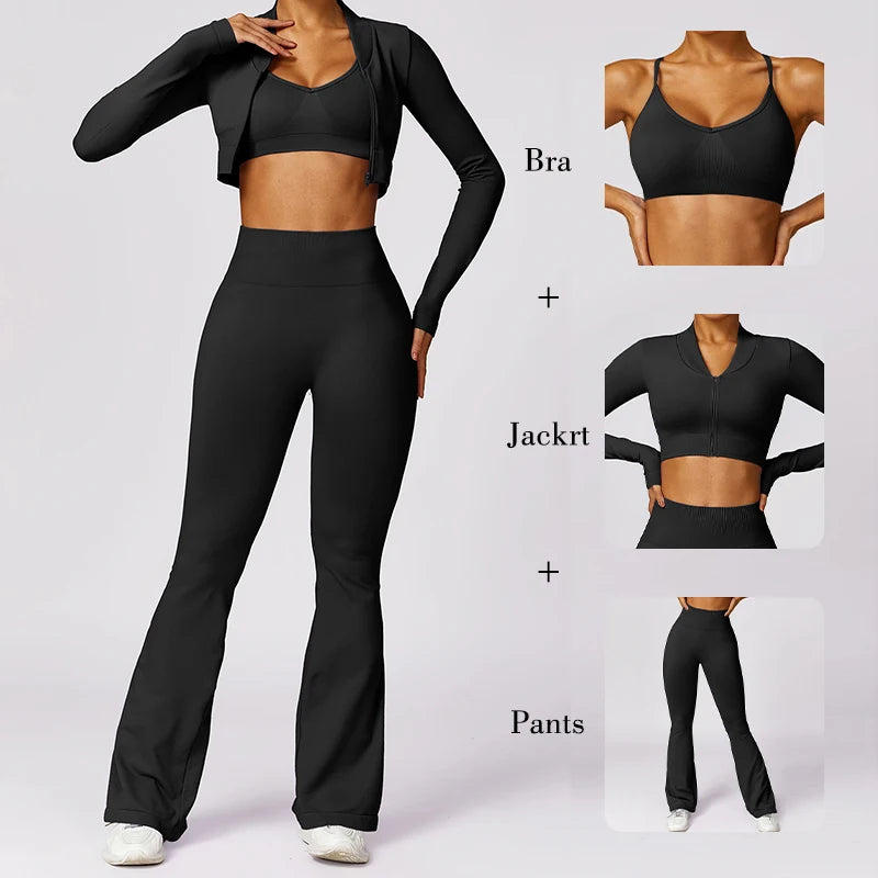 3PCS Sports Set Women Flared Pants