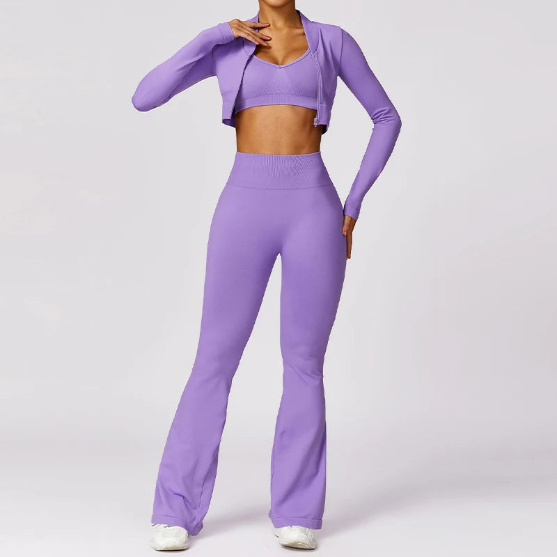 3PCS Sports Set Women Flared Pants