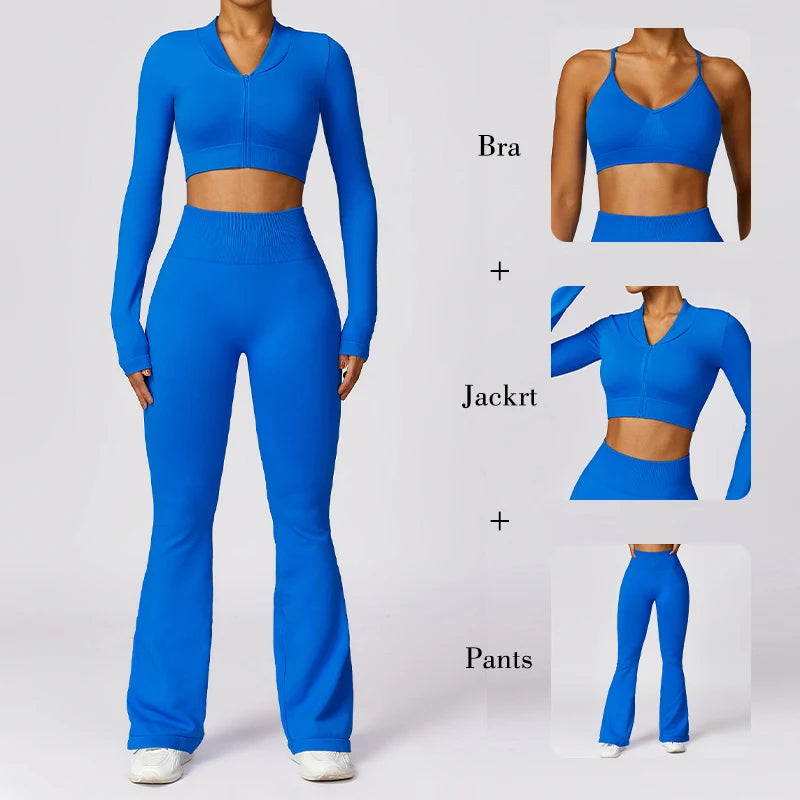 3PCS Sports Set Women Flared Pants