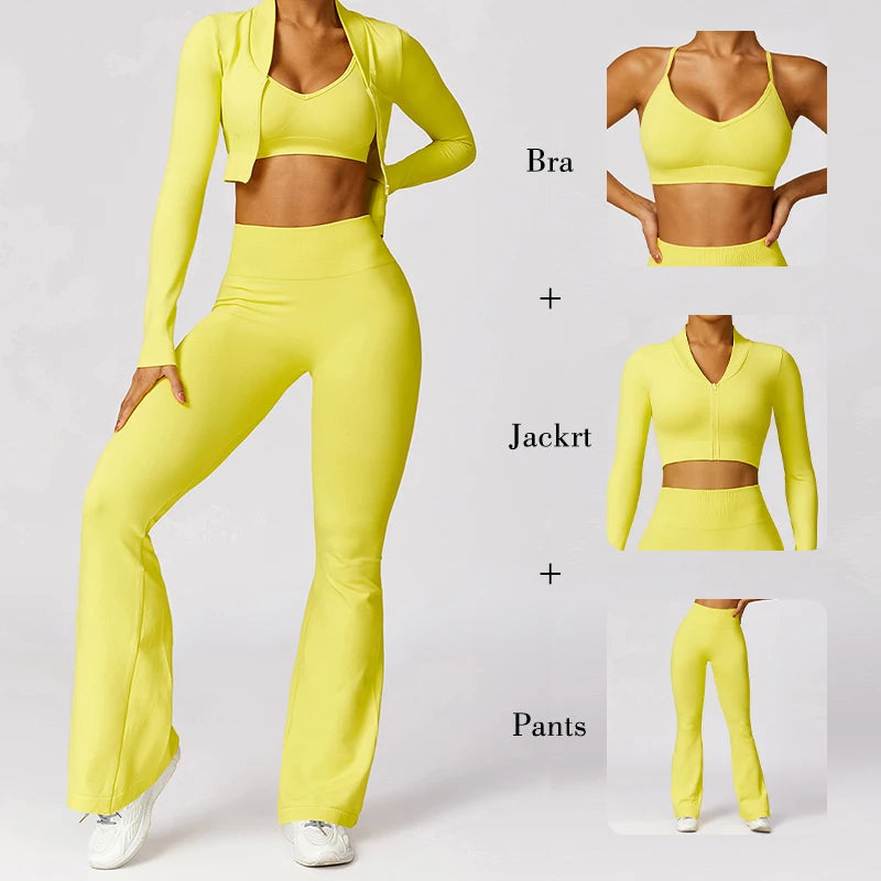 3PCS Sports Set Women Flared Pants