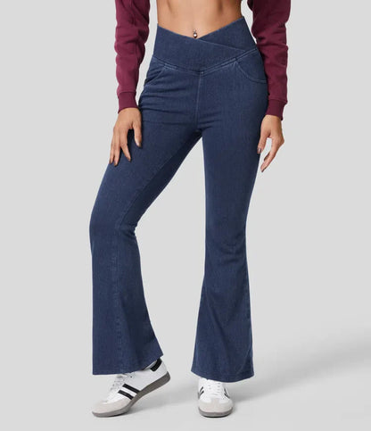 High Waisted Crossover Pocket Washed Stretchy Knit Casual Super Flare Jeans