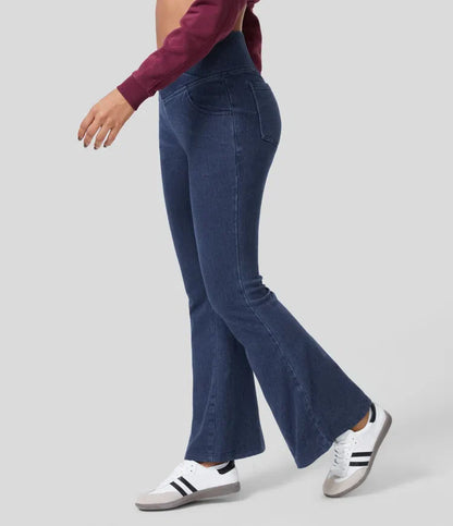 High Waisted Crossover Pocket Washed Stretchy Knit Casual Super Flare Jeans