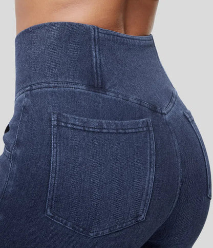 High Waisted Crossover Pocket Washed Stretchy Knit Casual Super Flare Jeans