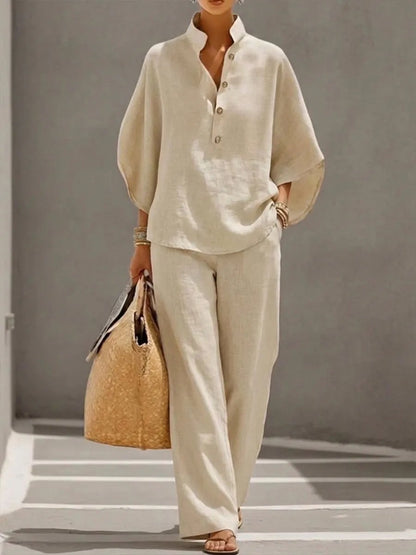 🔥Last Day 50% OFF🔥Women's Batwing Sleeve Two-Piece Set – Casual Shirt & Wide Leg Pants Outfit