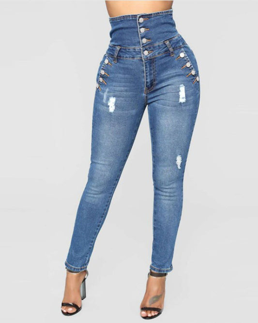 High-Waisted Four-Breasted Stretch Slim-Fit Denim Pants