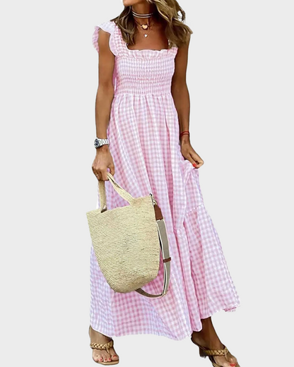 Women's Retro Plaid Smocked Dress Spaghetti Strap Flowy Maxi with Pockets