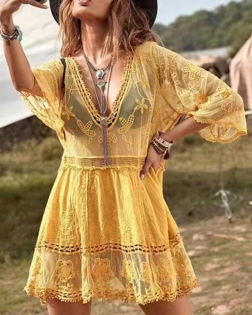 Boho Lace Beach Cover-Up Dress – V-Neck Sheer Swim Cover