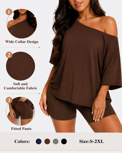 Off Shoulder Top and Fitted Shorts Lounge Set