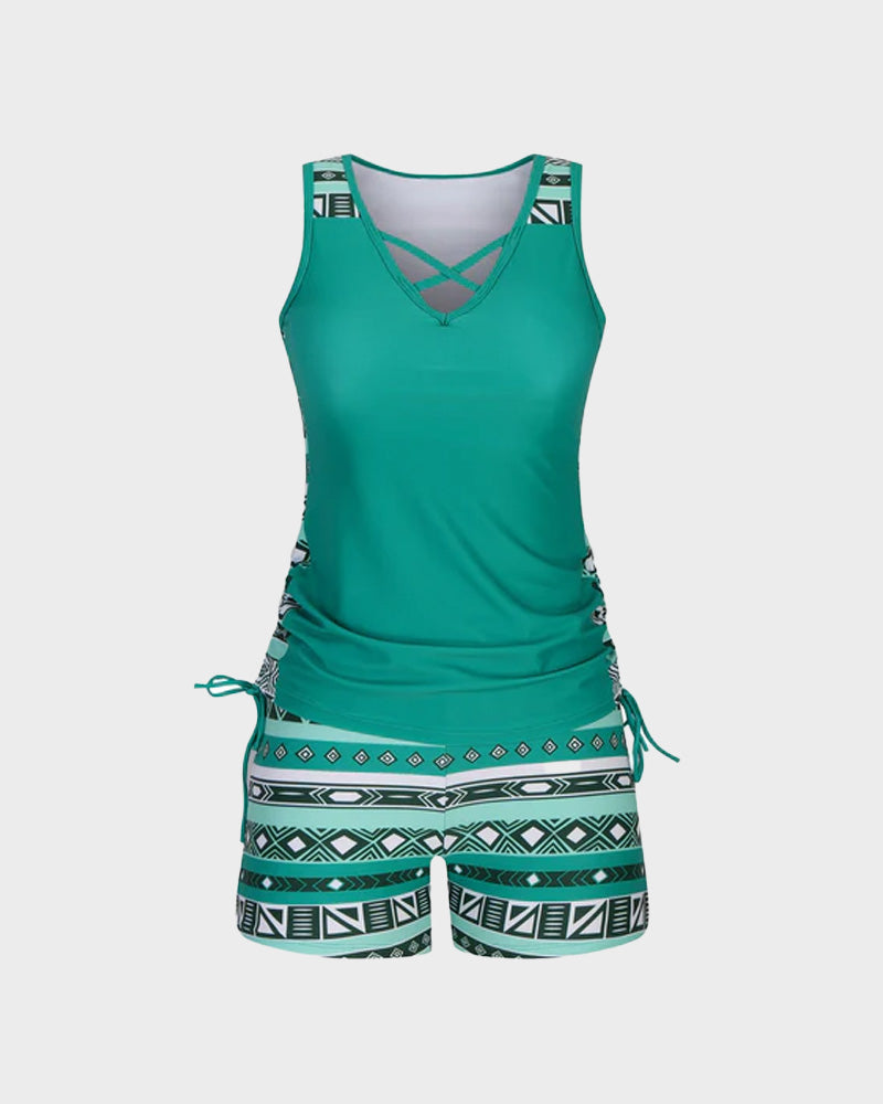 ⏰LAST DAY 50% OFF - Miraclesuit Women's Tummy Control Tankini Set with Built-In Bra – Flattering Boho Swimwear with Shorts