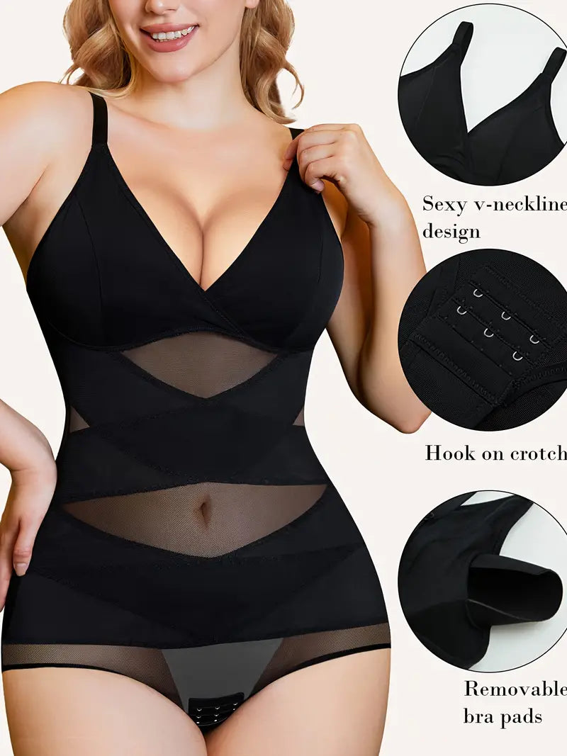 V Neck Built in Bra Mesh Breathable Shapewear