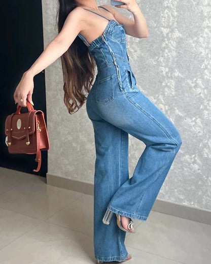 Loose One-Piece Jeans With Removable Straps