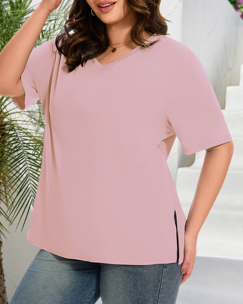 Women's Plus Size Basic Sleeve V-Neck T-Shirts