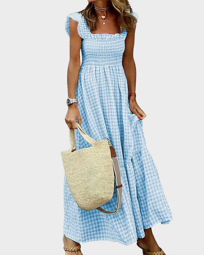 Women's Retro Plaid Smocked Dress Spaghetti Strap Flowy Maxi with Pockets