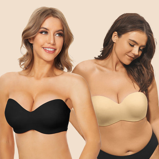 New Full Support Non-Slip Convertible Bandeau Bra-Black+Nude