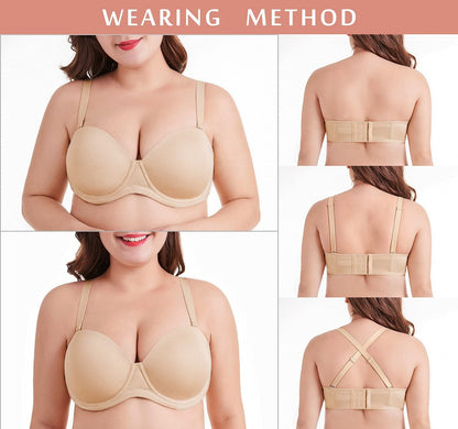 Plus Size Women's Underwire Contour Multiway Full Coverage Strapless Bra-BEIGE