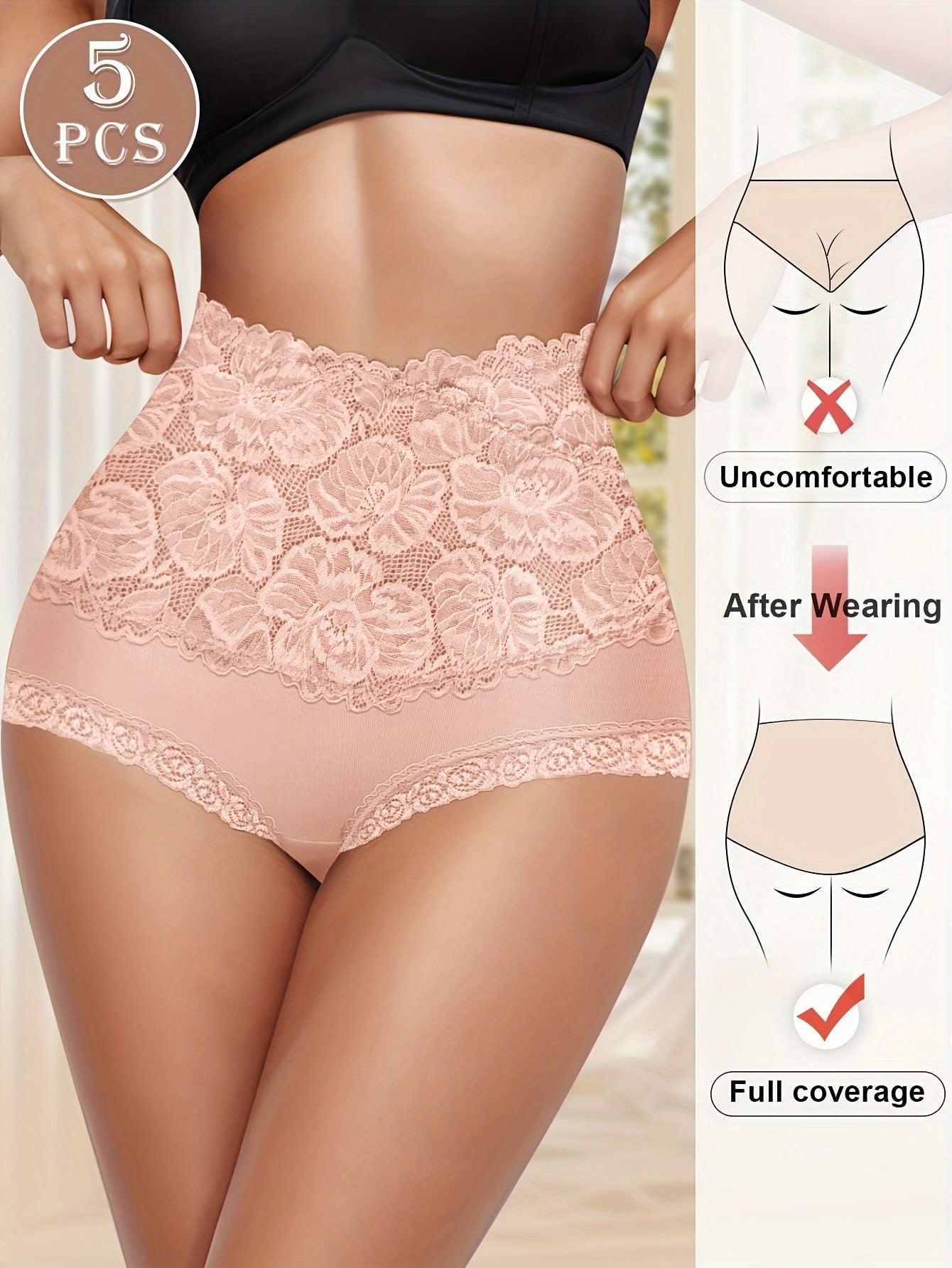 Comfy Everyday High-Waist Panties with Lace Trim, 5-Pack