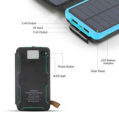 SolarPower Qi 20,000mAh – Wireless Charging Power Bank with Built-in Cables, Solar Panel, and LED Light for iPhone