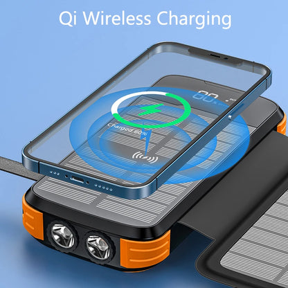 SolarPower Qi 43,800mAh – Wireless Charging Power Bank with Built-in Cables, Solar Panel, and LED Light for iPhone, Samsung