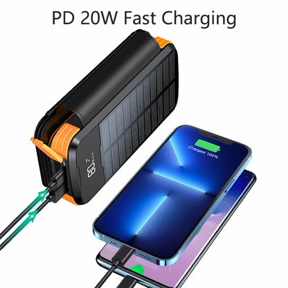 SolarPower Qi 43,800mAh – Wireless Charging Power Bank with Built-in Cables, Solar Panel, and LED Light for iPhone, Samsung