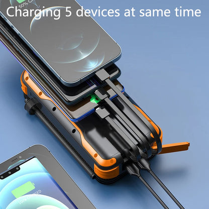 SolarPower Qi 43,800mAh – Wireless Charging Power Bank with Built-in Cables, Solar Panel, and LED Light for iPhone, Samsung