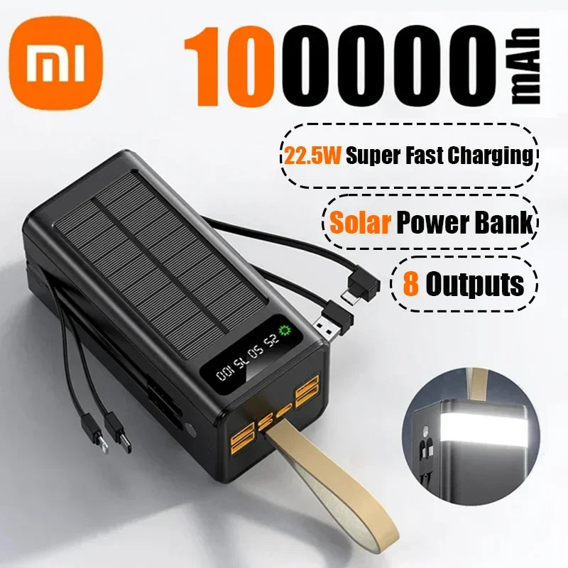 SolarPower 100,000mAh – High-Capacity Power Bank with Built-in Cables, LED Light, and Solar Charging for iPhone, Samsung (2024 Edition)