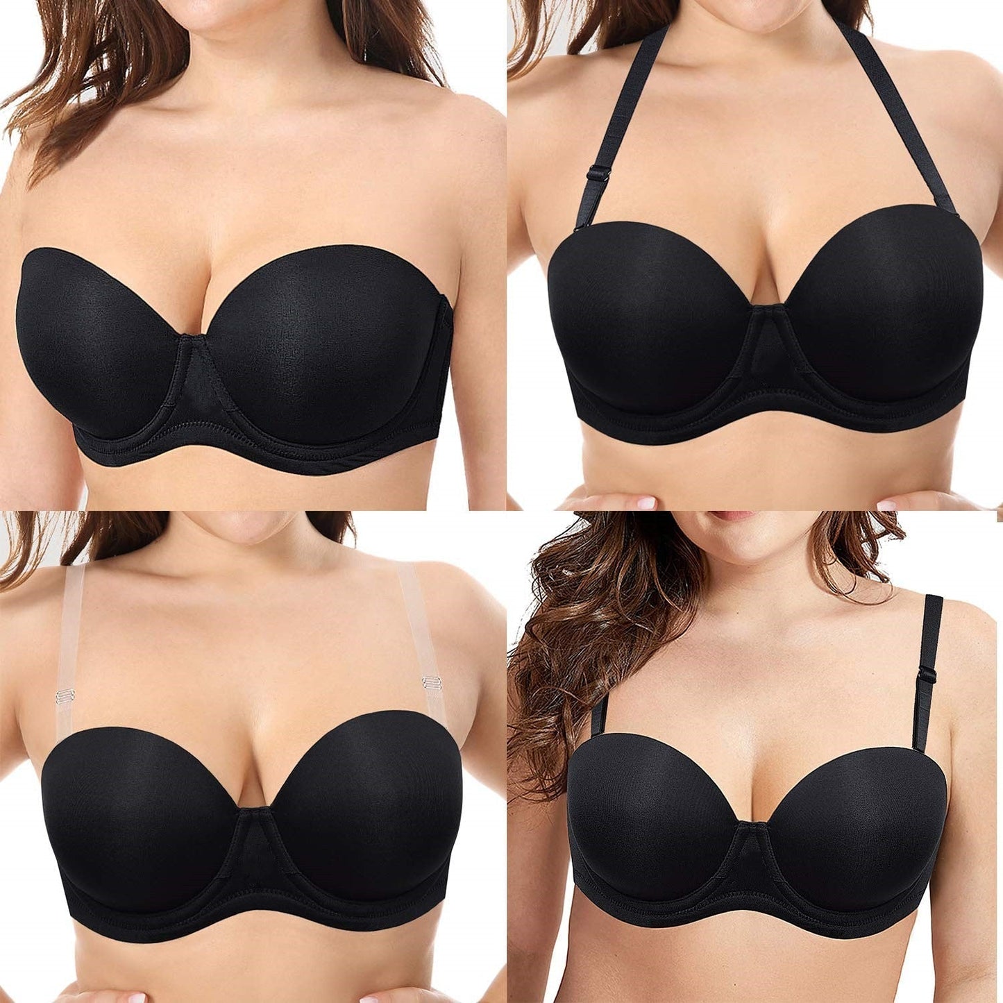 Plus Size Women's Underwire Contour Multiway Full Coverage Strapless Bra-BLACK