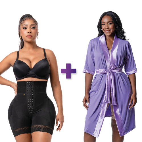 BBL Short | Stage 3 Post-Op Tummy Control High Waisted + Post Surgery Recovery Night Gown Robe with Drain Pockets | ¾ Sleeves