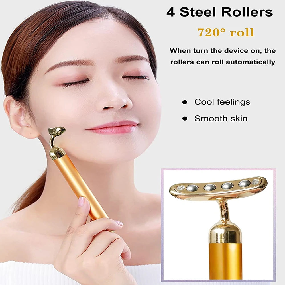 (2in1) Face Massager 3D Roller & 24K Facial Pulse T Shape Massager| Skin Care Tools