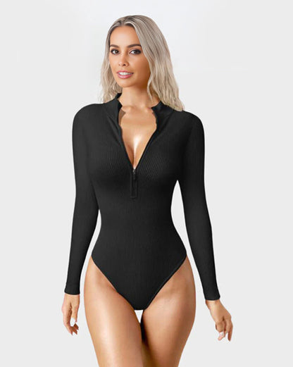 Snatched Waist Front Zipper Longsleeves Tops Bodysuit