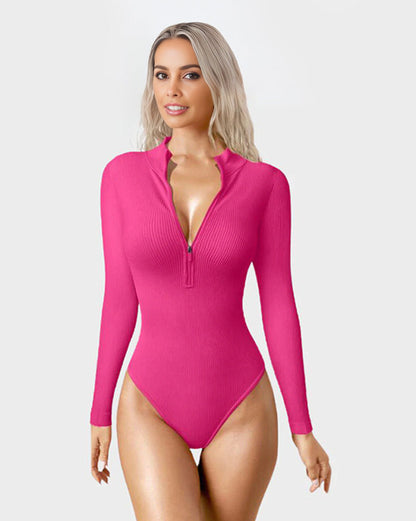 Snatched Waist Front Zipper Longsleeves Tops Bodysuit