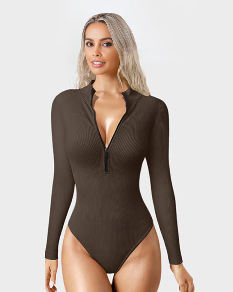 Snatched Waist Front Zipper Longsleeves Tops Bodysuit