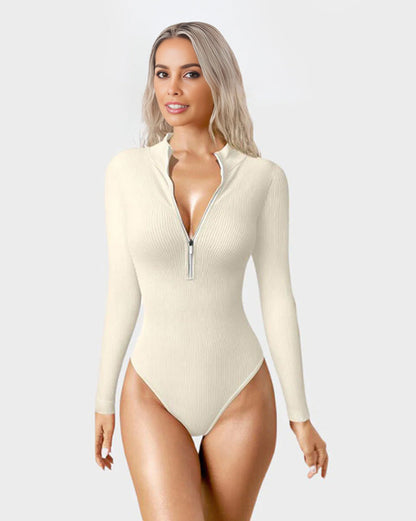 Snatched Waist Front Zipper Longsleeves Tops Bodysuit