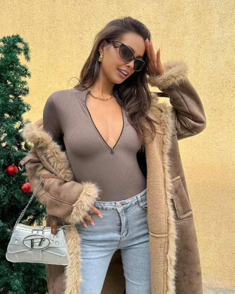 Snatched Waist Front Zipper Longsleeves Tops Bodysuit