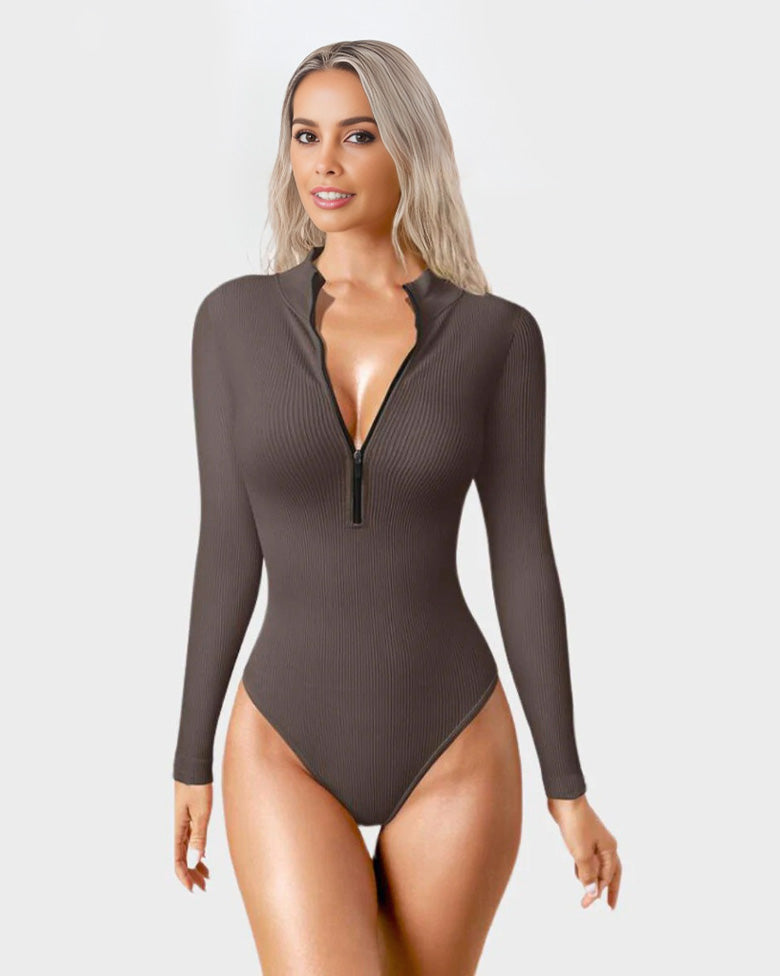 Snatched Waist Front Zipper Longsleeves Tops Bodysuit