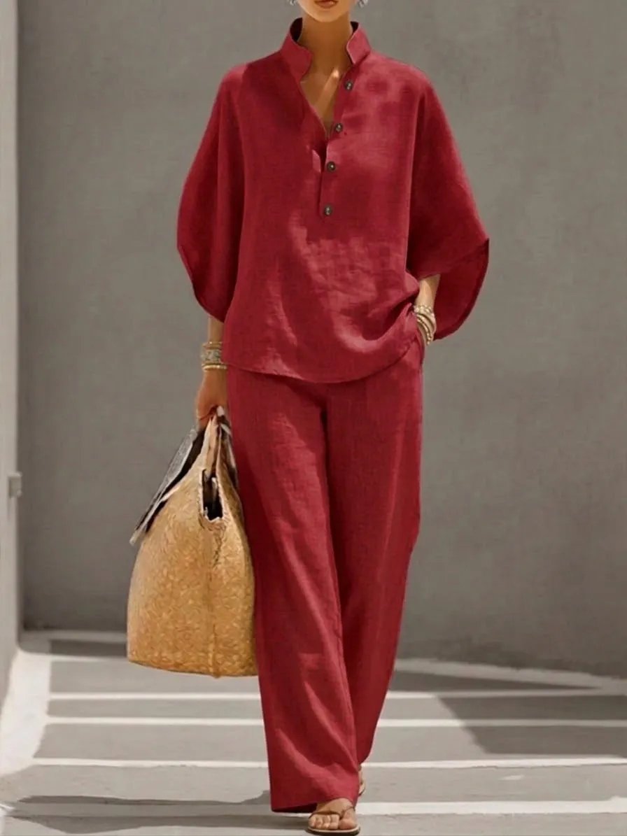 🔥Last Day 50% OFF🔥Women's Batwing Sleeve Two-Piece Set – Casual Shirt & Wide Leg Pants Outfit