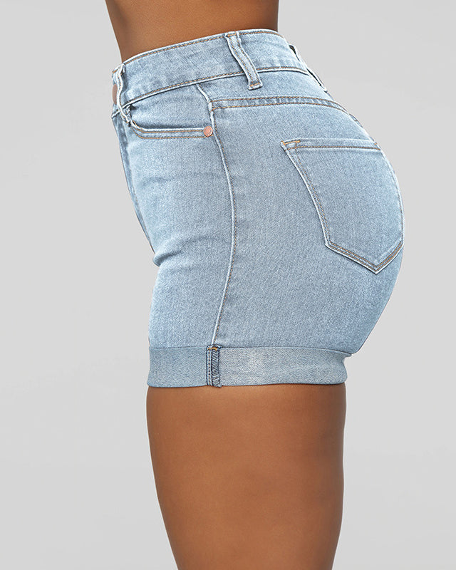 Ladies' Simple And High Elastic Denim Shorts