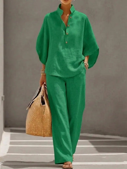 🔥Last Day 50% OFF🔥Women's Batwing Sleeve Two-Piece Set – Casual Shirt & Wide Leg Pants Outfit