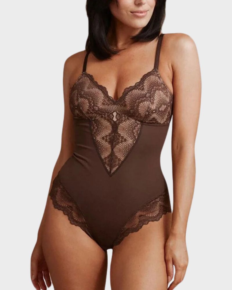 Deep-V Neck Lace Thong Bodysuit