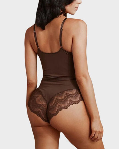 Deep-V Neck Lace Thong Bodysuit